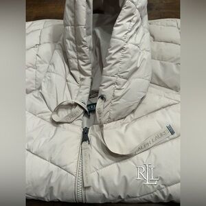 Lauren Ralph Lauren Womens M Hooded Puffer Vest Birch Tan RLL Embroidery